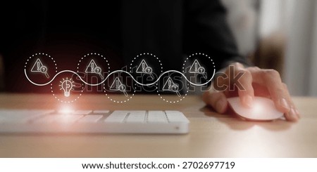 Critical thinking and problem solving process concept. Using computer mouse with innovation and alert icons. Critical thinking, problem solving, analysis and creative decision making process.