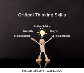 Critical Thinking Skills Concept, Wooden Stick Figure Arms Up, Big Yellow Light Bulb Sketch, On A Chalkboard