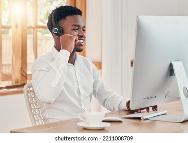 CRM Business, Person In Customer Service Support And Black Man Working From Office Home Online Computer. Telemarketing With Internet, Call Center Agent At Help Desk Or Receptionist On Video Call