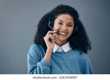 CRM, callcenter face or black woman smile for success B2B deal, support or telemarketing in studio background. Happy or customer service consultant portrait for contact us, telecom or sales network