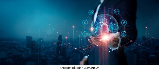 CRM. Customer network relationship management concept, Businessman hold of global structure customer network technology, Data exchanges development. customer service, Banking, Business strategy. - Shutterstock ID 2189901509