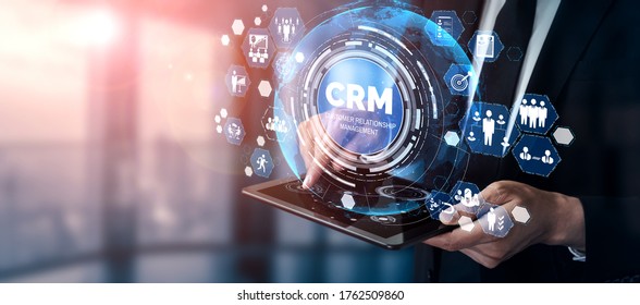 CRM Customer Relationship Management for business sales marketing system concept presented in futuristic graphic interface of service application to support CRM database analysis.