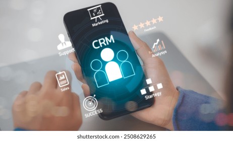 CRM Customer Relationship Management for business sales marketing system concept presented in futuristic graphic interface of service application to support CRM database analysis.