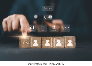 CRM Customer Relationship Management concept, Businessman using CRM software for business marketing, Customer management.