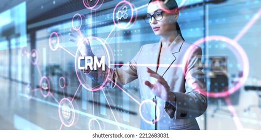 CRM Customer Relationship Management Software System Business Technology Concept. Young Business Woman Pressing Button On Virtual Screen.