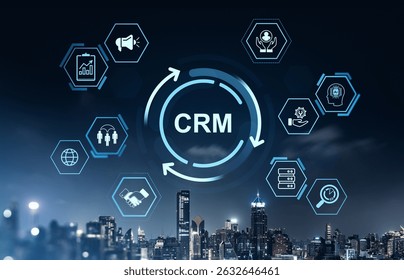 CRM system concept with glowing digital icons representing marketing, communication, support, and data management above a nighttime city skyline