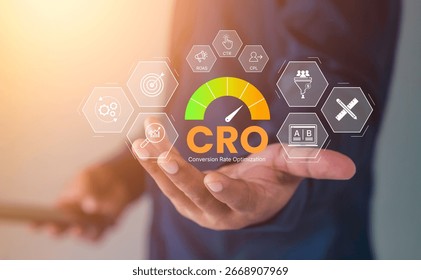 CRO concept, conversion rate optimization, digital marketing strategy, business professional analysis CRO, featuring KPI metrics CTR, ROAS, CPL, and A B testing icons for website performance growth