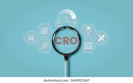 CRO concept, conversion rate optimization, digital marketing strategy, business professional analysis CRO, featuring KPI metrics CTR, ROAS, CPL, and A B testing icons for website performance growth