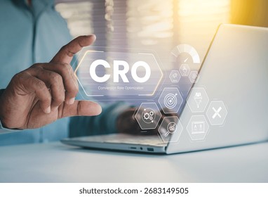 CRO concept, conversion rate optimization, digital marketing strategy, business professional using laptop, featuring KPI metrics CTR, ROAS, CPL, and A B testing icons for website performance growth