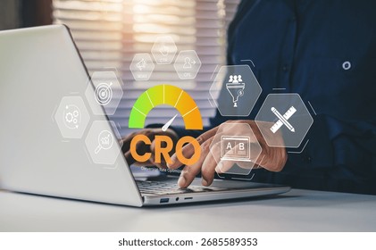 CRO concept, conversion rate optimization, digital marketing strategy, business professional using laptop, featuring KPI metrics CTR, ROAS, CPL, and A B testing icons for website performance growth