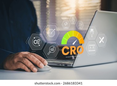 CRO concept, conversion rate optimization, digital marketing strategy, business professional using laptop, featuring KPI metrics CTR, ROAS, CPL, and A B testing icons for website performance growth