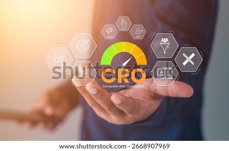 CRO concept, conversion rate optimization, digital marketing strategy, business professional analysis CRO, featuring KPI metrics CTR, ROAS, CPL, and A B testing icons for website performance growth