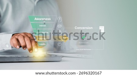 CRO concept, Conversion rate optimization, Digital marketing conversion funnel showing awareness, interest, consideration, conversion, and loyalty stages, Business person using laptop, Payment success