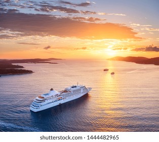 Croatia. Aerial View At The Cruise Ship During Sunset. Adventure And Travel.  Landscape With Cruise Liner On Adriatic Sea. Luxury Cruise. Travel - Image