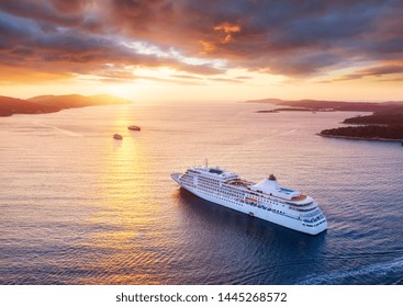 Croatia. Aerial View At The Cruise Ship During Sunset. Adventure And Travel.  Landscape With Cruise Liner On Adriatic Sea. Luxury Cruise. Travel - Image