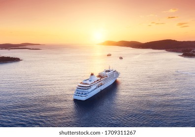 Croatia. Aerial View At The Cruise Ship During Sunset. Adventure And Travel.  Landscape With Cruise Liner On Adriatic Sea. Luxury Cruise. Travel - Image