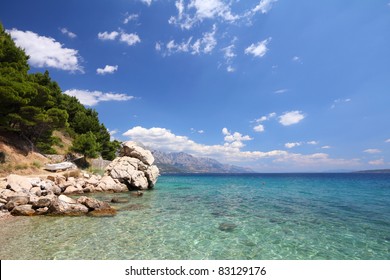 Croatia - beautiful Mediterranean coast landscape in Dalmatia. Marusici beach - Adriatic Sea (Makarska Riviera region).