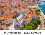 Croatia, beautiful old city of Sibenik, panoramic view of the town center and cathedral of St James