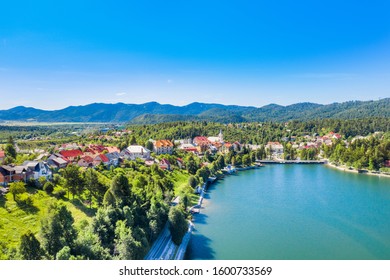 Croatia, beautiful town of Fuzine on lake Bajer, Gorski kotar region, aerial view from drone