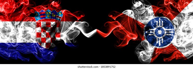 Croatia, Croatian vs United States of America, America, US, USA, American, Wichita, Kansas smoky mystic flags placed side by side. Thick colored silky abstract smoke flags.