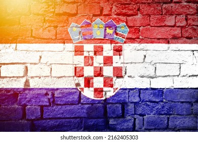 Croatia Grunge Flag On Brick Wall Sun Haze View, Country Symbol Concept 

