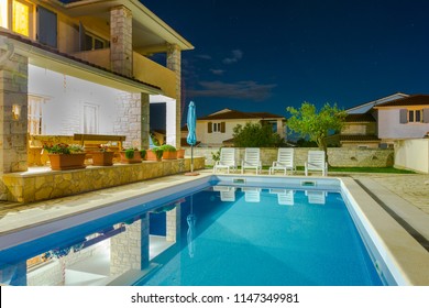 Croatia, Istria, Pula, Holiday House With Pool At Night