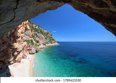 Croatia Landscape. Dalmatia Adriatic Coast. Pasjaca Beach Below Cliffs In Konavle.