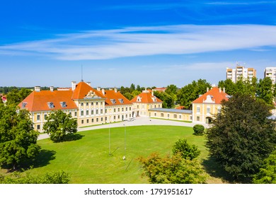 Croatia, panorama of the old town of Vukovar, old classic museum palace and city skyline
