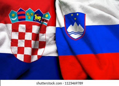 Croatia And Slovenia Flag On Cloth Texture