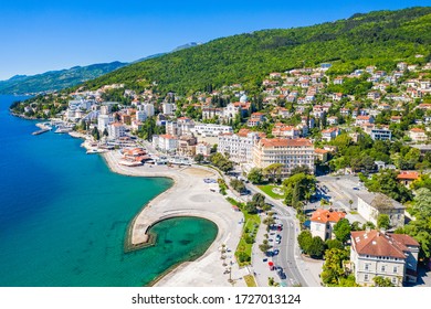 Croatia, town of Opatija, popular tourist resort, Slatina beach, aerial panoramic view