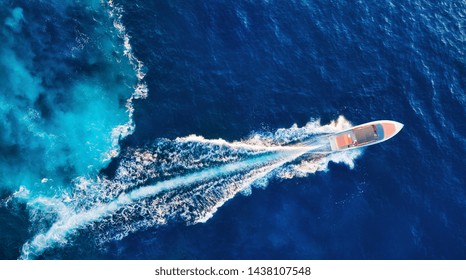 Croatia. Yachts at the sea surface. Aerial view of luxury floating boat on blue Adriatic sea at sunny day. Travel - image