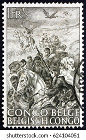 CROATIA ZAGREB, 15 APRIL 2017: A Stamp Printed In Belgian Congo Shows Slaves And Arab Guards, 50th Anniversary Of The Abolition Of Slavery In Belgian Congo, Circa 1947