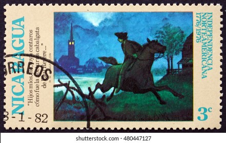 CROATIA ZAGREB, 21 AUGUST 2016: a stamp printed in Nicaragua shows The Midnight Ride of Paul Revere, American Bicentennial, circa 1975