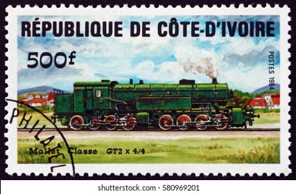 CROATIA ZAGREB, 5 FEBRUARY 2017: A Stamp Printed In Ivory Coast Shows Mallet Class GT2, Locomotive, Circa 1984