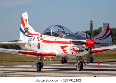 Croatian Air Force Pilatus PC-9 Trainer Plane Taxiing At Kleine-Brogel Airbase. Belgium - September 14, 2019