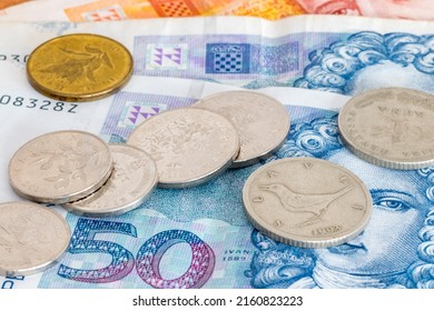 Croatian kuna coins on HRK hrvatska kuna (Croatian) banknotes.