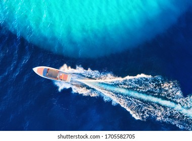 Croatian seascape with boat. Yachts at the sea surface. Aerial view of luxury floating boat on blue Adriatic sea at sunny day. Travel - image