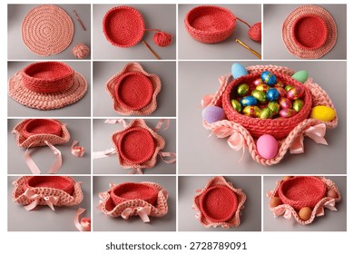 crochet easter basket tutorial diy handmade craft holiday decoration gift idea spring celebration creative workshop yarn hobby festive home decor pastry shop cafe bakery marketing material design
