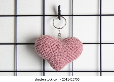 Crochet Heart Key Ring. Hand Made Heart With Pink Fabric. 