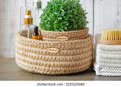 Crochet Jute Baskets, Eco Friendly Home Decor, Bathroom Storage And Order