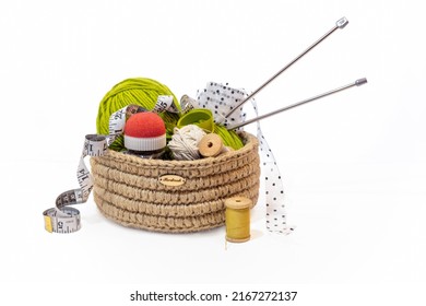 Crochet Jute Craft Basket Isolated On White Background, Tailor And Designer Accessories In Wicker Box, Zero Waste Storage