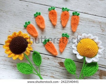 Crochet rabbit carrot muticolor handmade craft diy, for illustrations of handicrafts, background texture