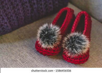 Crochet Slippers With Fur Pompom