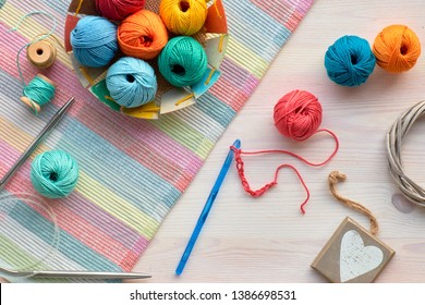 Crochet, Top View On Yarn Balls, Flat Lay On Light Wood