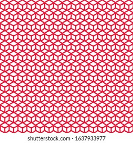 Crocheted cubes seamless pattern. The canvas is knitted with red yarn. Geometric design. Grid on a white background.