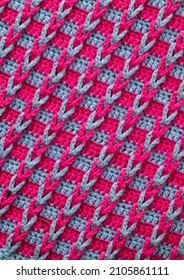 Crocheted pink blue texture. Jacobs ladder stitch - chain loop braids. - Shutterstock ID 2105861111
