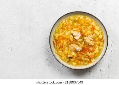 Crock Pot Sauerkraut Soup In Plate. Top View, Copy Space, Flat Lay.