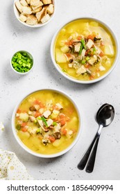 Crock Pot Split Pea Soup With Smoked Turkey. Space For Text, Top View.