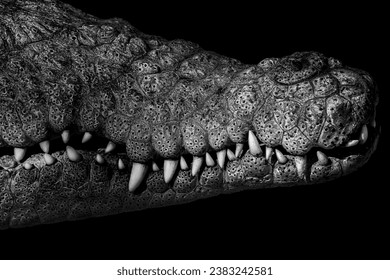 Crocodile mouth in bnw with black background 