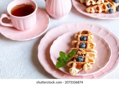 Croffle, Trendy Crispy Korean  Baked Goods, Top View On White Background, Selective Focus